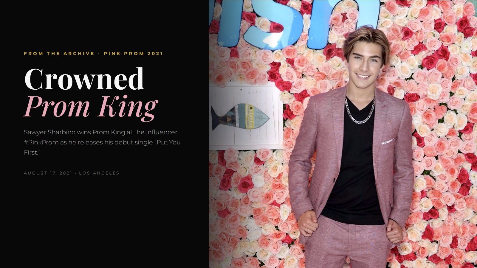 Sawyer Sharbino in a pink suit at the 2021 influencer Pink Prom
